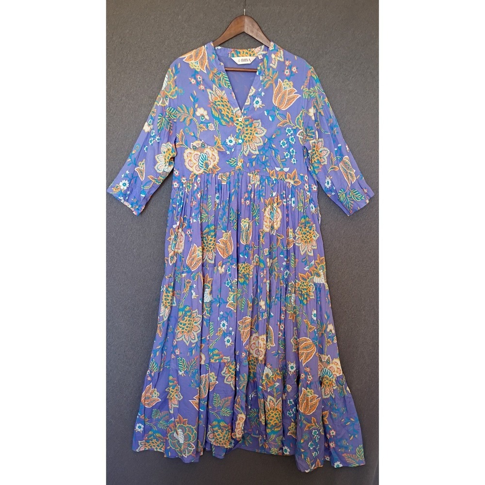Biba Purple Floral Cotton Tiered Maxi Dress Boho V-Neck 3/4 Sleeve Size (2XL)40